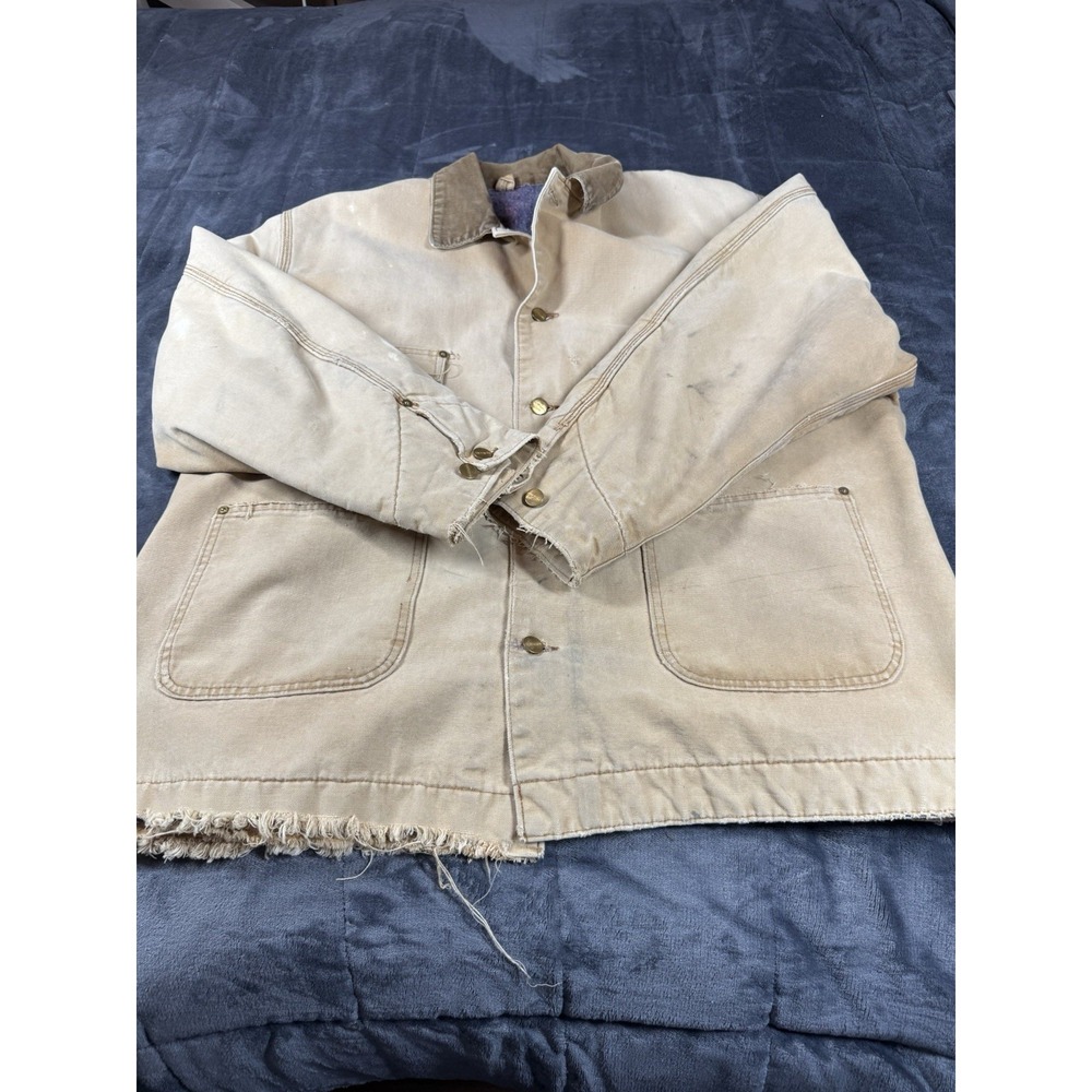 Vintage Carhartt Jacket Mens 52 Beige Barn Chore Coat Thrashed Blanket Lined 70s